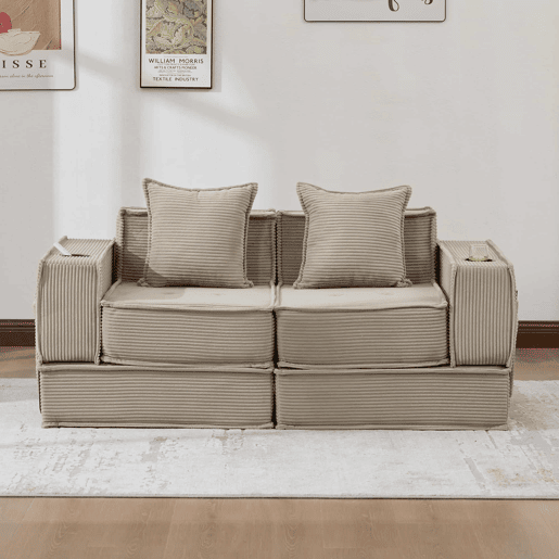 Sofá-cama duplo de 2 lugares u2013 moderno, com almofadas e apoio para os pés decorativo com arrumação lateral e porta-copos, ideal para recantos de leitura e salas de jogos u2013 cáqui Sofá-cama duplo de 2 lugares u2013 moderno, com almofadas e apoio para os pés decorativo com arrumação lateral e porta-copos, ideal para recantos de leitura e salas de jogos u2013 cáqui