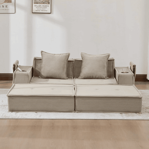 Sofá-cama duplo de 2 lugares u2013 moderno, com almofadas e apoio para os pés decorativo com arrumação lateral e porta-copos, ideal para recantos de leitura e salas de jogos u2013 cáqui Sofá-cama duplo de 2 lugares u2013 moderno, com almofadas e apoio para os pés decorativo com arrumação lateral e porta-copos, ideal para recantos de leitura e salas de jogos u2013 cáqui