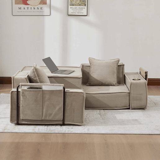 Sofá-cama duplo de 2 lugares u2013 moderno, com almofadas e apoio para os pés decorativo com arrumação lateral e porta-copos, ideal para recantos de leitura e salas de jogos u2013 cáqui Sofá-cama duplo de 2 lugares u2013 moderno, com almofadas e apoio para os pés decorativo com arrumação lateral e porta-copos, ideal para recantos de leitura e salas de jogos u2013 cáqui