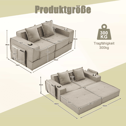 Sofá-cama duplo de 2 lugares u2013 moderno, com almofadas e apoio para os pés decorativo com arrumação lateral e porta-copos, ideal para recantos de leitura e salas de jogos u2013 cáqui Sofá-cama duplo de 2 lugares u2013 moderno, com almofadas e apoio para os pés decorativo com arrumação lateral e porta-copos, ideal para recantos de leitura e salas de jogos u2013 cáqui