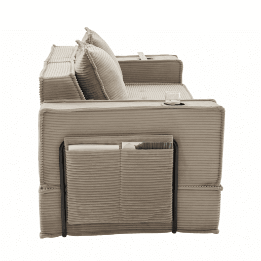 Sofá-cama duplo de 2 lugares u2013 moderno, com almofadas e apoio para os pés decorativo com arrumação lateral e porta-copos, ideal para recantos de leitura e salas de jogos u2013 cáqui Sofá-cama duplo de 2 lugares u2013 moderno, com almofadas e apoio para os pés decorativo com arrumação lateral e porta-copos, ideal para recantos de leitura e salas de jogos u2013 cáqui
