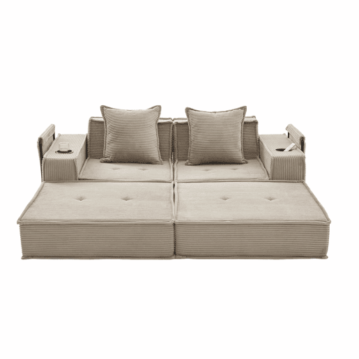 Sofá-cama duplo de 2 lugares u2013 moderno, com almofadas e apoio para os pés decorativo com arrumação lateral e porta-copos, ideal para recantos de leitura e salas de jogos u2013 cáqui Sofá-cama duplo de 2 lugares u2013 moderno, com almofadas e apoio para os pés decorativo com arrumação lateral e porta-copos, ideal para recantos de leitura e salas de jogos u2013 cáqui