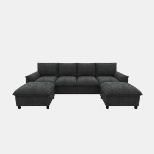 Sofá modular em U 264,5 x 142,5 x 84 cm u2014 modelo Cloud com assento profundo, encosto alto e 2 pufes móveis u2014 Preto