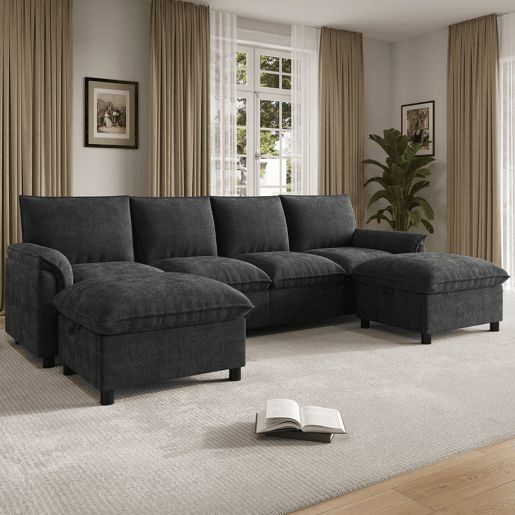 Sofá modular em U 264,5 x 142,5 x 84 cm u2014 modelo Cloud com assento profundo, encosto alto e 2 pufes móveis u2014 Preto Sofá modular em U 264,5 x 142,5 x 84 cm u2014 modelo Cloud com assento profundo, encosto alto e 2 pufes móveis u2014 Preto