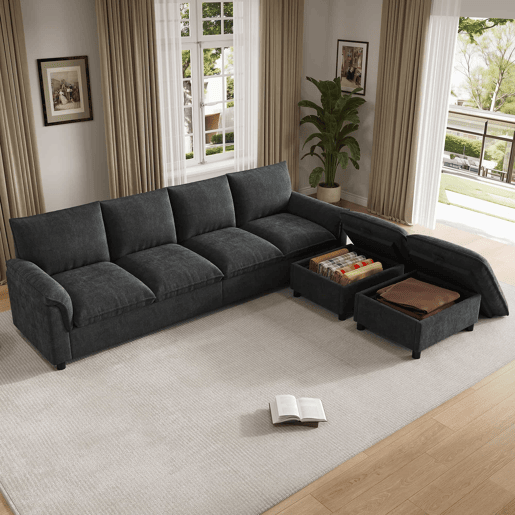 Sofá modular em U 264,5 x 142,5 x 84 cm u2014 modelo Cloud com assento profundo, encosto alto e 2 pufes móveis u2014 Preto Sofá modular em U 264,5 x 142,5 x 84 cm u2014 modelo Cloud com assento profundo, encosto alto e 2 pufes móveis u2014 Preto