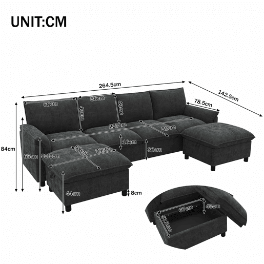 Sofá modular em U 264,5 x 142,5 x 84 cm u2014 modelo Cloud com assento profundo, encosto alto e 2 pufes móveis u2014 Preto Sofá modular em U 264,5 x 142,5 x 84 cm u2014 modelo Cloud com assento profundo, encosto alto e 2 pufes móveis u2014 Preto