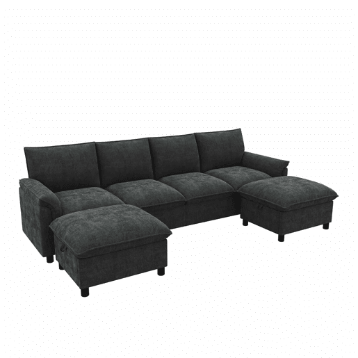 Sofá modular em U 264,5 x 142,5 x 84 cm u2014 modelo Cloud com assento profundo, encosto alto e 2 pufes móveis u2014 Preto Sofá modular em U 264,5 x 142,5 x 84 cm u2014 modelo Cloud com assento profundo, encosto alto e 2 pufes móveis u2014 Preto