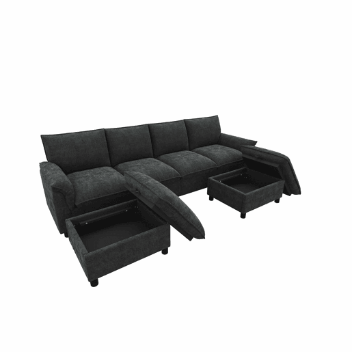 Sofá modular em U 264,5 x 142,5 x 84 cm u2014 modelo Cloud com assento profundo, encosto alto e 2 pufes móveis u2014 Preto Sofá modular em U 264,5 x 142,5 x 84 cm u2014 modelo Cloud com assento profundo, encosto alto e 2 pufes móveis u2014 Preto