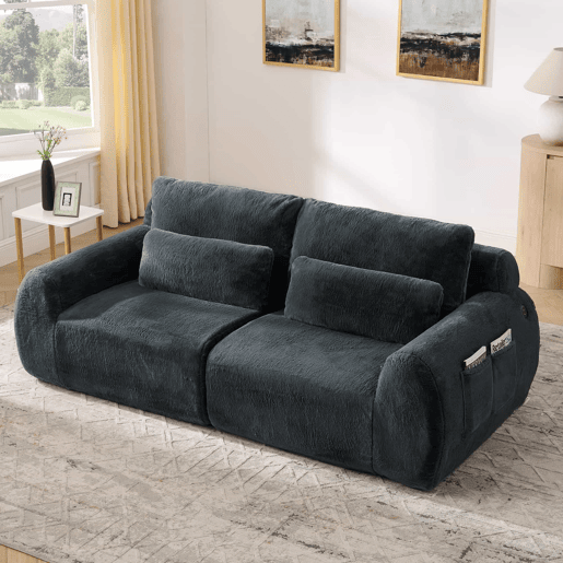 Sofá de dois lugares - tecido felpudo sintético estilo coelho, macio e de alta resiliência, porta de carregamento USB, bolso lateral para revistas, ideal para salas pequenas, apartamentos, escritórios e quartos - Cinza