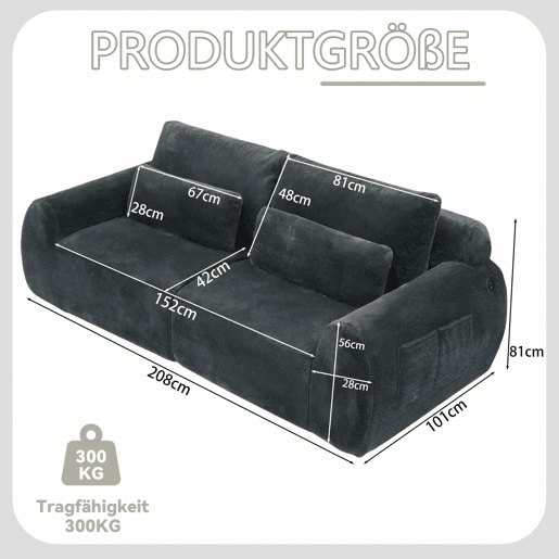 Sofá de dois lugares - tecido felpudo sintético estilo coelho, macio e de alta resiliência, porta de carregamento USB, bolso lateral para revistas, ideal para salas pequenas, apartamentos, escritórios e quartos - Cinza