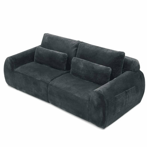 Sofá de dois lugares - tecido felpudo sintético estilo coelho, macio e de alta resiliência, porta de carregamento USB, bolso lateral para revistas, ideal para salas pequenas, apartamentos, escritórios e quartos - Cinza