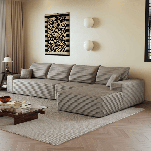 Sofá modular de canto de 340 cm - chaise longue em L, assento profundo, sem montagem, 4 lugares - Camel