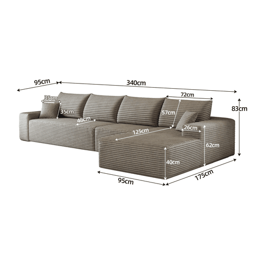 Sofá modular de canto de 340 cm - chaise longue em L, assento profundo, sem montagem, 4 lugares - Camel