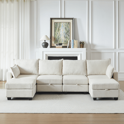 Sofá de canto modular em chenille com 4 lugares - em forma de U com chaise longue e otomana com arrumação - bege Sofá de canto modular em chenille com 4 lugares - em forma de U com chaise longue e otomana com arrumação - bege