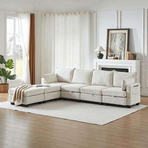 Sofá de canto modular em chenille com 4 lugares - em forma de U com chaise longue e otomana com arrumação - bege Sofá de canto modular em chenille com 4 lugares - em forma de U com chaise longue e otomana com arrumação - bege