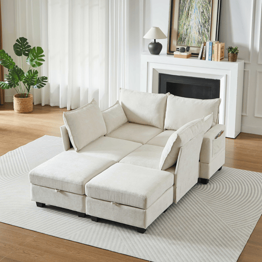 Sofá de canto modular em chenille com 4 lugares - em forma de U com chaise longue e otomana com arrumação - bege Sofá de canto modular em chenille com 4 lugares - em forma de U com chaise longue e otomana com arrumação - bege