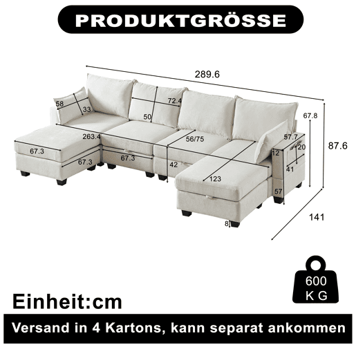 Sofá de canto modular em chenille com 4 lugares - em forma de U com chaise longue e otomana com arrumação - bege Sofá de canto modular em chenille com 4 lugares - em forma de U com chaise longue e otomana com arrumação - bege