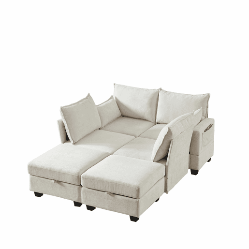 Sofá de canto modular em chenille com 4 lugares - em forma de U com chaise longue e otomana com arrumação - bege Sofá de canto modular em chenille com 4 lugares - em forma de U com chaise longue e otomana com arrumação - bege