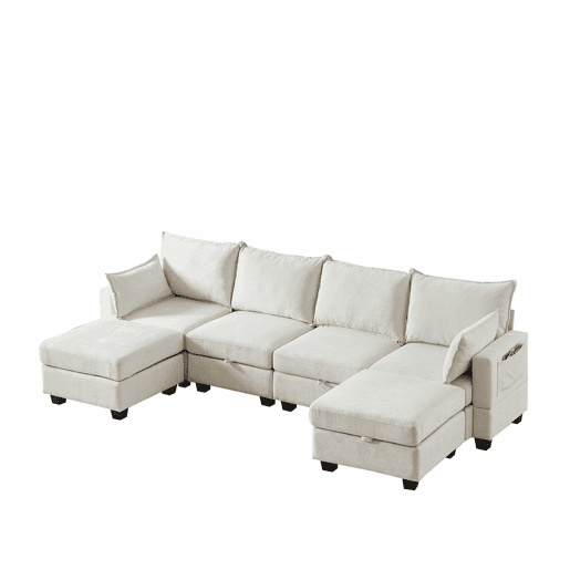 Sofá de canto modular em chenille com 4 lugares - em forma de U com chaise longue e otomana com arrumação - bege Sofá de canto modular em chenille com 4 lugares - em forma de U com chaise longue e otomana com arrumação - bege
