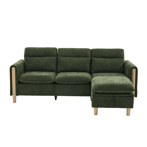 Sofá de canto L de 3 lugares - estilo nórdico com banquinho com espaço de arrumação, bolsos laterais e pés de madeira - verde chenilla