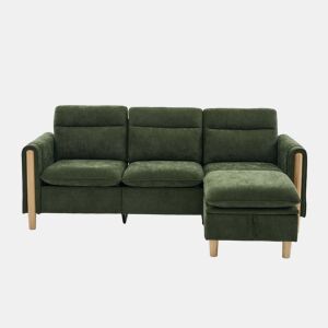 Sofá de canto L de 3 lugares - estilo nórdico com banquinho com espaço de arrumação, bolsos laterais e pés de madeira - verde chenilla