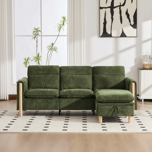 Sofá de canto L de 3 lugares - estilo nórdico com banquinho com espaço de arrumação, bolsos laterais e pés de madeira - verde chenilla