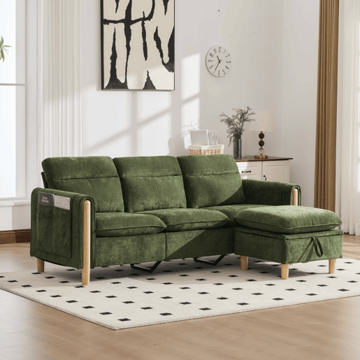 Sofá de canto L de 3 lugares - estilo nórdico com banquinho com espaço de arrumação, bolsos laterais e pés de madeira - verde chenilla