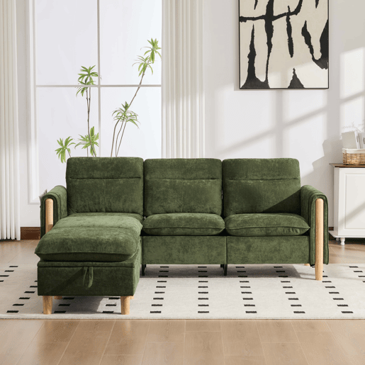 Sofá de canto L de 3 lugares - estilo nórdico com banquinho com espaço de arrumação, bolsos laterais e pés de madeira - verde chenilla