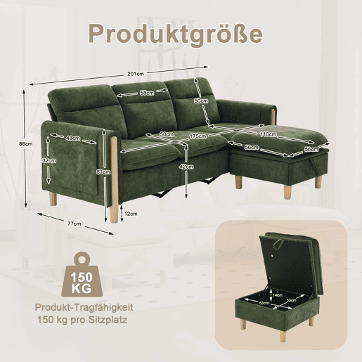 Sofá de canto L de 3 lugares - estilo nórdico com banquinho com espaço de arrumação, bolsos laterais e pés de madeira - verde chenilla