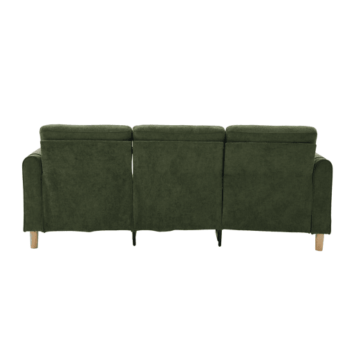 Sofá de canto L de 3 lugares - estilo nórdico com banquinho com espaço de arrumação, bolsos laterais e pés de madeira - verde chenilla
