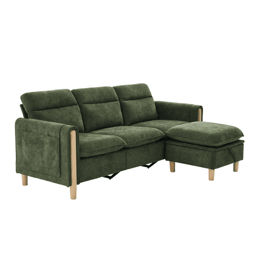Sofá de canto L de 3 lugares - estilo nórdico com banquinho com espaço de arrumação, bolsos laterais e pés de madeira - verde chenilla