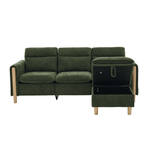 Sofá de canto L de 3 lugares - estilo nórdico com banquinho com espaço de arrumação, bolsos laterais e pés de madeira - verde chenilla