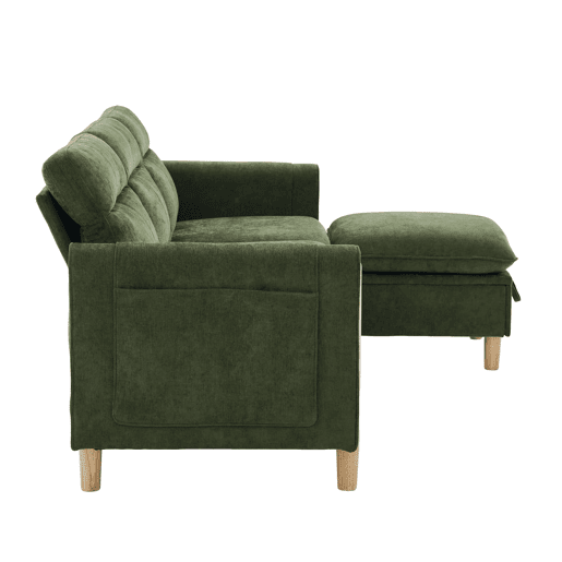 Sofá de canto L de 3 lugares - estilo nórdico com banquinho com espaço de arrumação, bolsos laterais e pés de madeira - verde chenilla