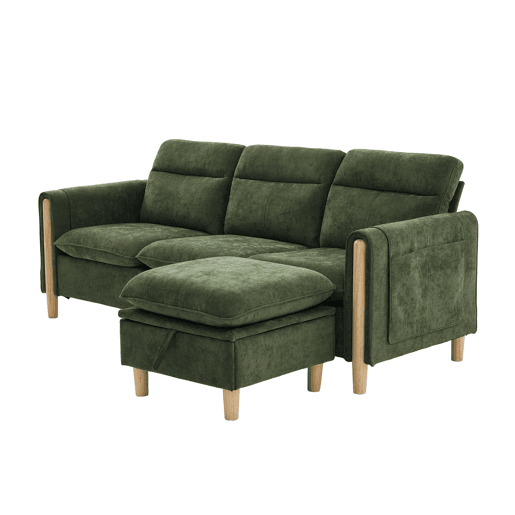 Sofá de canto L de 3 lugares - estilo nórdico com banquinho com espaço de arrumação, bolsos laterais e pés de madeira - verde chenilla