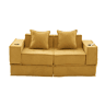 Sofá-cama duplo de 2 lugares u2013 sofá de tecido confortável com duas almofadas e pufe decorativo com arrumação lateral e porta-copos u2013 amarelo mostarda