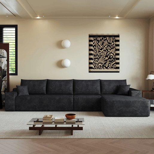 Sofá modular de canto de 340 cm - 4 lugares, chaise longue em L, assento profundo, sem montagem - Preto Sofá modular de canto de 340 cm - 4 lugares, chaise longue em L, assento profundo, sem montagem - Preto