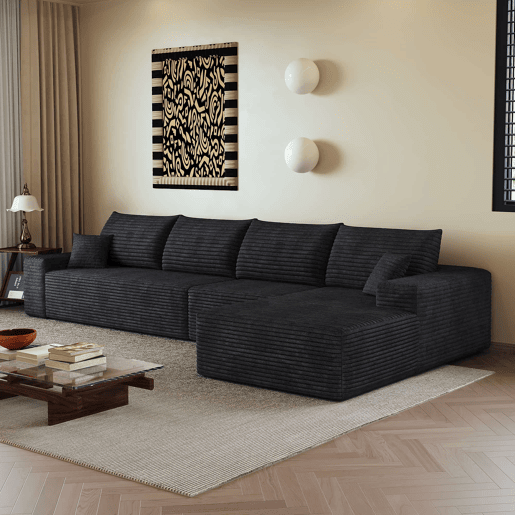 Sofá modular de canto de 340 cm - 4 lugares, chaise longue em L, assento profundo, sem montagem - Preto Sofá modular de canto de 340 cm - 4 lugares, chaise longue em L, assento profundo, sem montagem - Preto