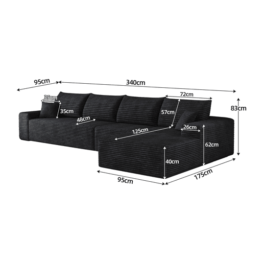 Sofá modular de canto de 340 cm - 4 lugares, chaise longue em L, assento profundo, sem montagem - Preto Sofá modular de canto de 340 cm - 4 lugares, chaise longue em L, assento profundo, sem montagem - Preto