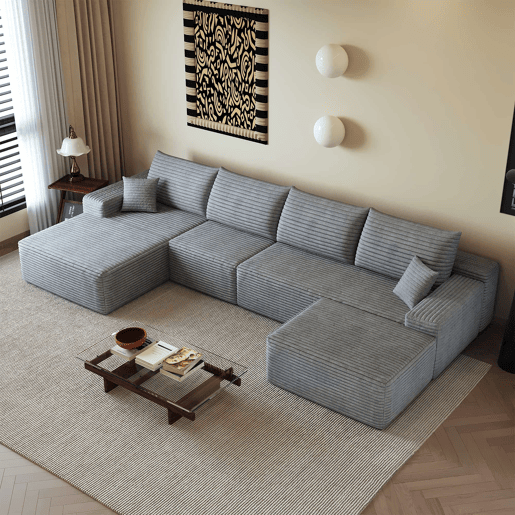Sofá modular de canto de 340 cm - chaise longue em L, assento profundo, sem montagem, modular compactado - cinzento