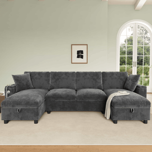 Sofá modular em U 284x135x84 cm - Chenilla com chaise longue, arrumação rebatível, USB e Type-C, 4 lugares - Cinzento
