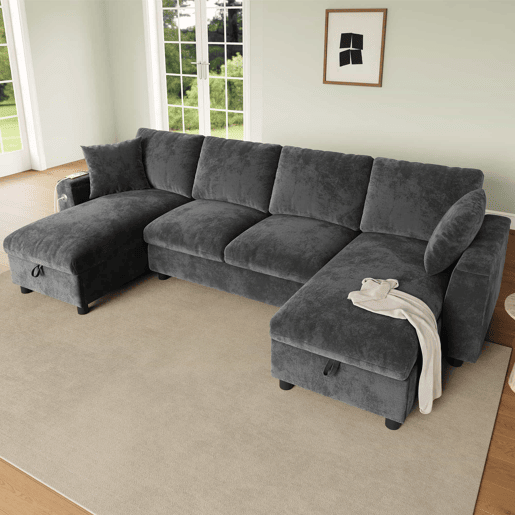 Sofá modular em U 284x135x84 cm - Chenilla com chaise longue, arrumação rebatível, USB e Type-C, 4 lugares - Cinzento