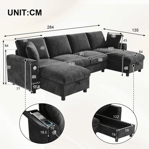 Sofá modular em U 284x135x84 cm - Chenilla com chaise longue, arrumação rebatível, USB e Type-C, 4 lugares - Cinzento