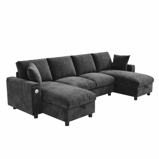 Sofá modular em U 284x135x84 cm - Chenilla com chaise longue, arrumação rebatível, USB e Type-C, 4 lugares - Cinzento