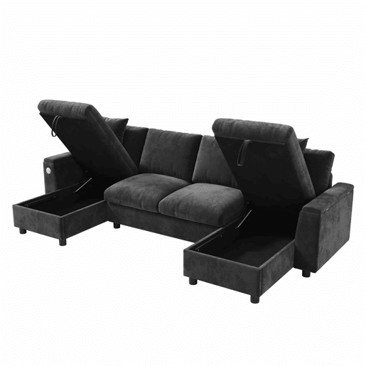 Sofá modular em U 284x135x84 cm - Chenilla com chaise longue, arrumação rebatível, USB e Type-C, 4 lugares - Cinzento