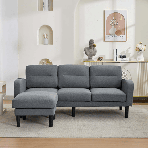 Sofá de canto em L 204 x 136 x 80 cm - 3 lugares com chaise longue, bolso lateral, 10 pés - cinzento Sofá de canto em L 204 x 136 x 80 cm - 3 lugares com chaise longue, bolso lateral, 10 pés - cinzento