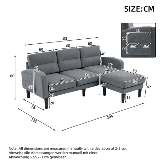 Sofá de canto em L 204 x 136 x 80 cm - 3 lugares com chaise longue, bolso lateral, 10 pés - cinzento Sofá de canto em L 204 x 136 x 80 cm - 3 lugares com chaise longue, bolso lateral, 10 pés - cinzento