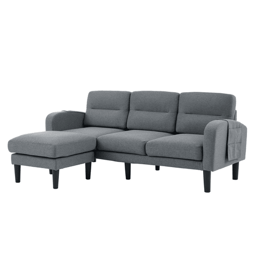 Sofá de canto em L 204 x 136 x 80 cm - 3 lugares com chaise longue, bolso lateral, 10 pés - cinzento Sofá de canto em L 204 x 136 x 80 cm - 3 lugares com chaise longue, bolso lateral, 10 pés - cinzento