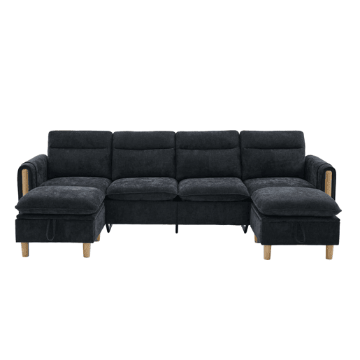 Sofá modular em U de 4 lugares, grande u2013 com duas otomanas com espaço de arrumação, pés de madeira, tecido de chenille, design modular confortável para a sala de estar familiar u2013 preto Sofá modular em U de 4 lugares, grande u2013 com duas otomanas com espaço de arrumação, pés de madeira, tecido de chenille, design modular confortável para a sala de estar familiar u2013 preto