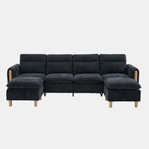 Sofá modular em U de 4 lugares, grande u2013 com duas otomanas com espaço de arrumação, pés de madeira, tecido de chenille, design modular confortável para a sala de estar familiar u2013 preto