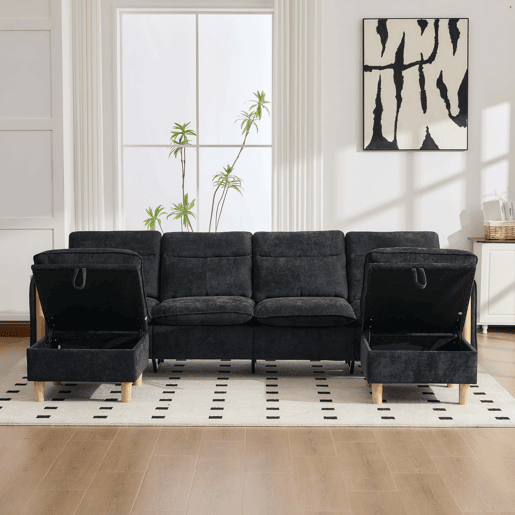 Sofá modular em U de 4 lugares, grande u2013 com duas otomanas com espaço de arrumação, pés de madeira, tecido de chenille, design modular confortável para a sala de estar familiar u2013 preto Sofá modular em U de 4 lugares, grande u2013 com duas otomanas com espaço de arrumação, pés de madeira, tecido de chenille, design modular confortável para a sala de estar familiar u2013 preto